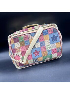 Vintage Travel Cosmetic Bag 1990s Patchwork Style Adjustable Strap Top Handle